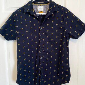 Men's Short Sleeve Collar Shirt, 100% Cotton, Navy with Flamingos, size Med